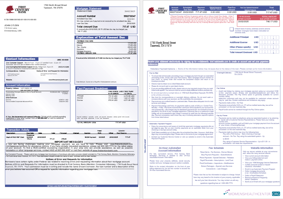 Download USA First Century Bank mortgage statement in Word and PDF formats, 3 pages 1 2 Photoshop template